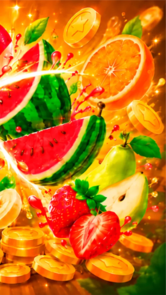 Sliced orange, pear and strawberries over gold coins